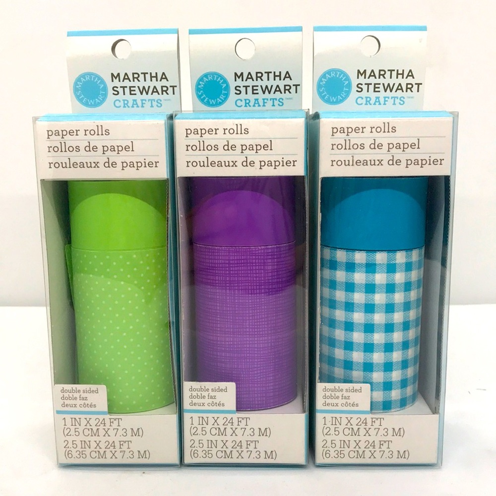 Three Sets of Martha Stewart Paper Rolls, Green, Purple and Blue